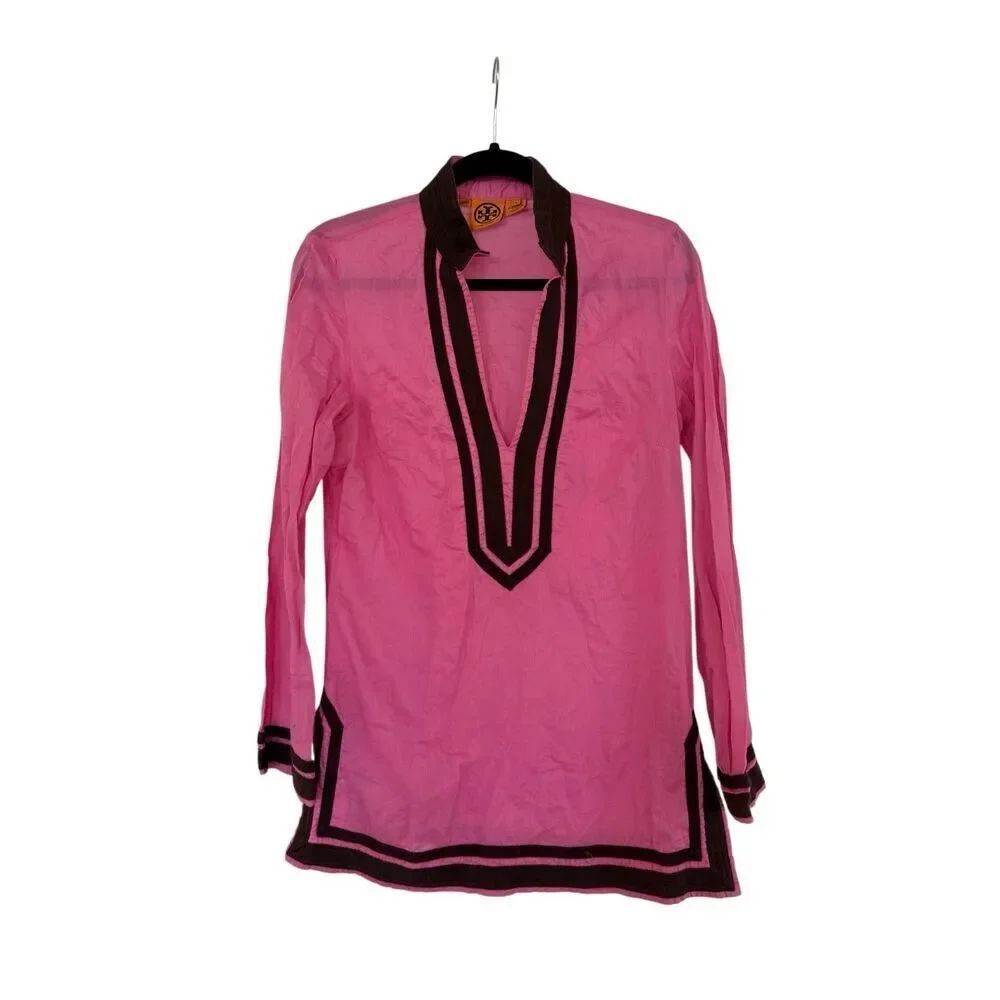 Tory Burch Womens Pink Long Sleeve Cotton Kaftan Tunic Cover-up Dress Size